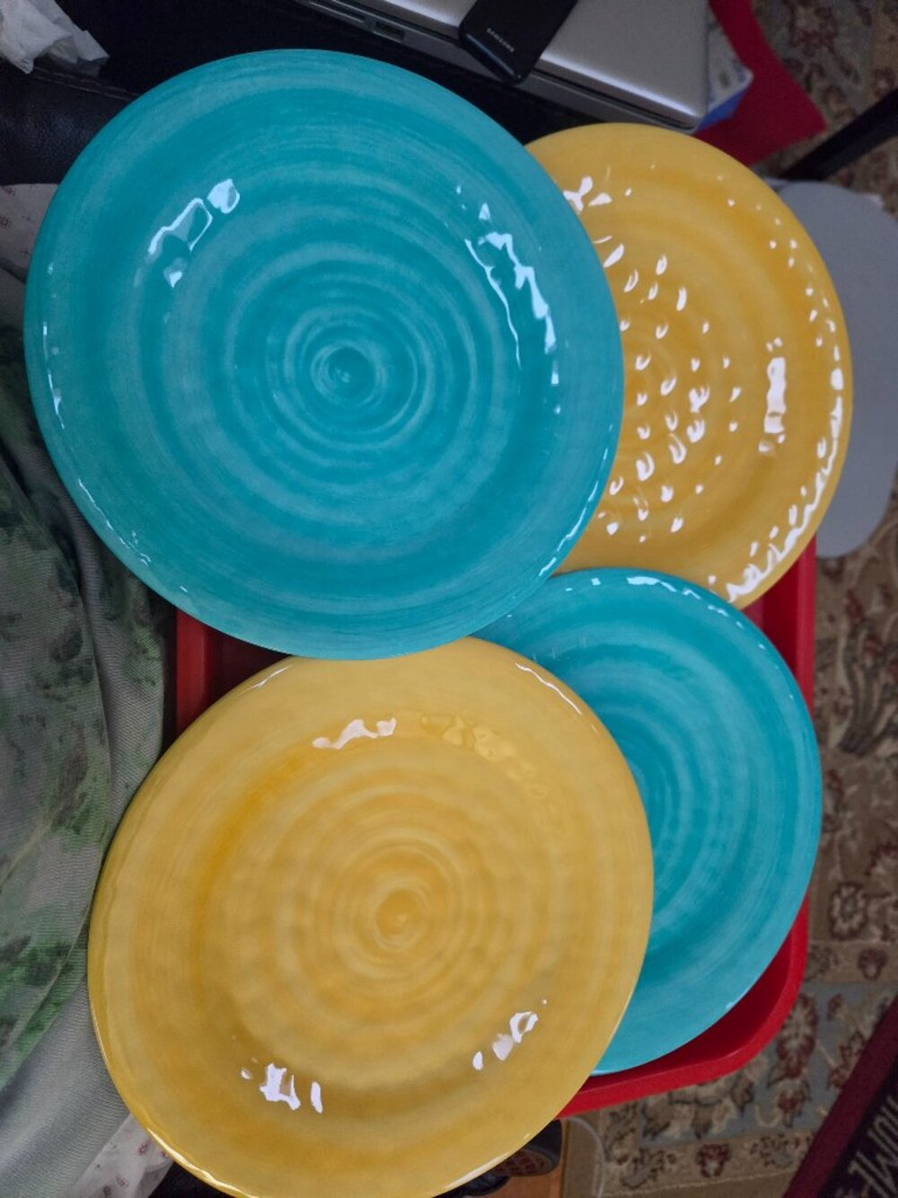 bobby flay melamine aqua and yellow textured salad /bread plates